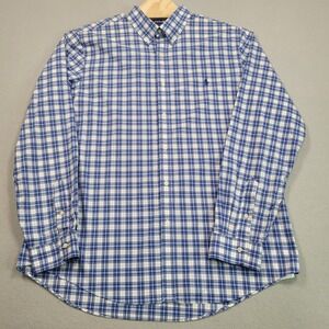 Ralph Lauren Mens XXL Blue White Plaid Slim Fit Button Down Shirt Cotton Stretch